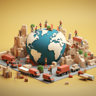 Global logistics and distribution with workers, vehicles, and packages around Earth.