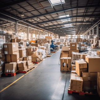 Spacious industrial warehouse featuring neat aisles, organized cartons, and skylight illumination