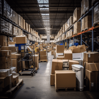 Industrial warehouse with stacked pallets, organized aisles, and natural roof lighting