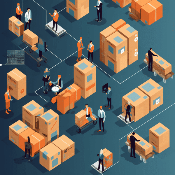 Isometric illustration of workers in a supply chain environment, interacting with large packages and coordinating logistics