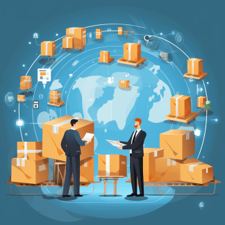 global logistics with businessmen, packages, and interconnected world map background